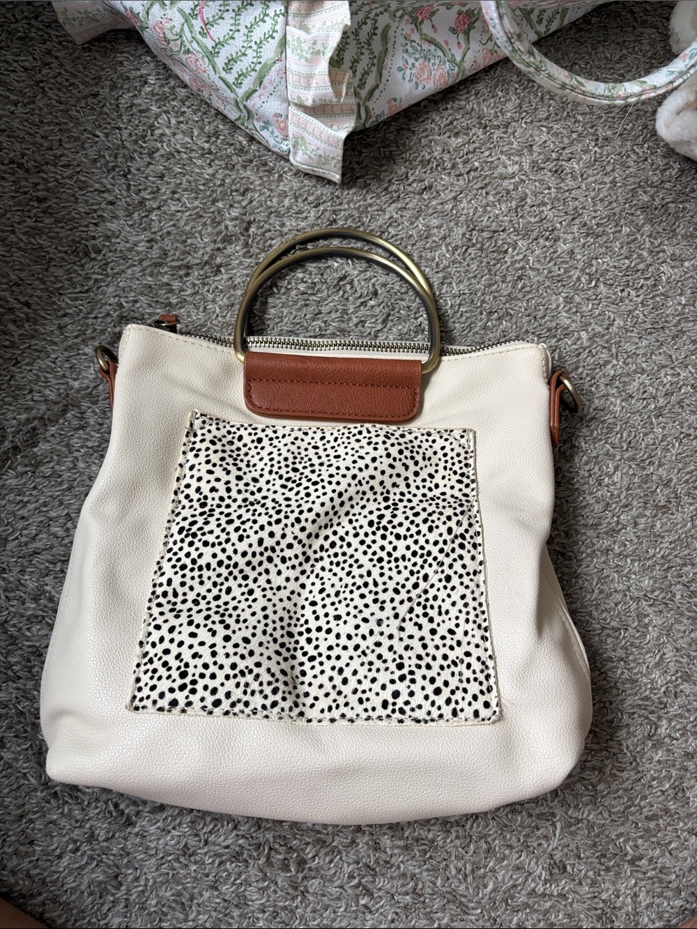 Cream Leather Tote with Dalmatian Spot Accent and Brass Handle
